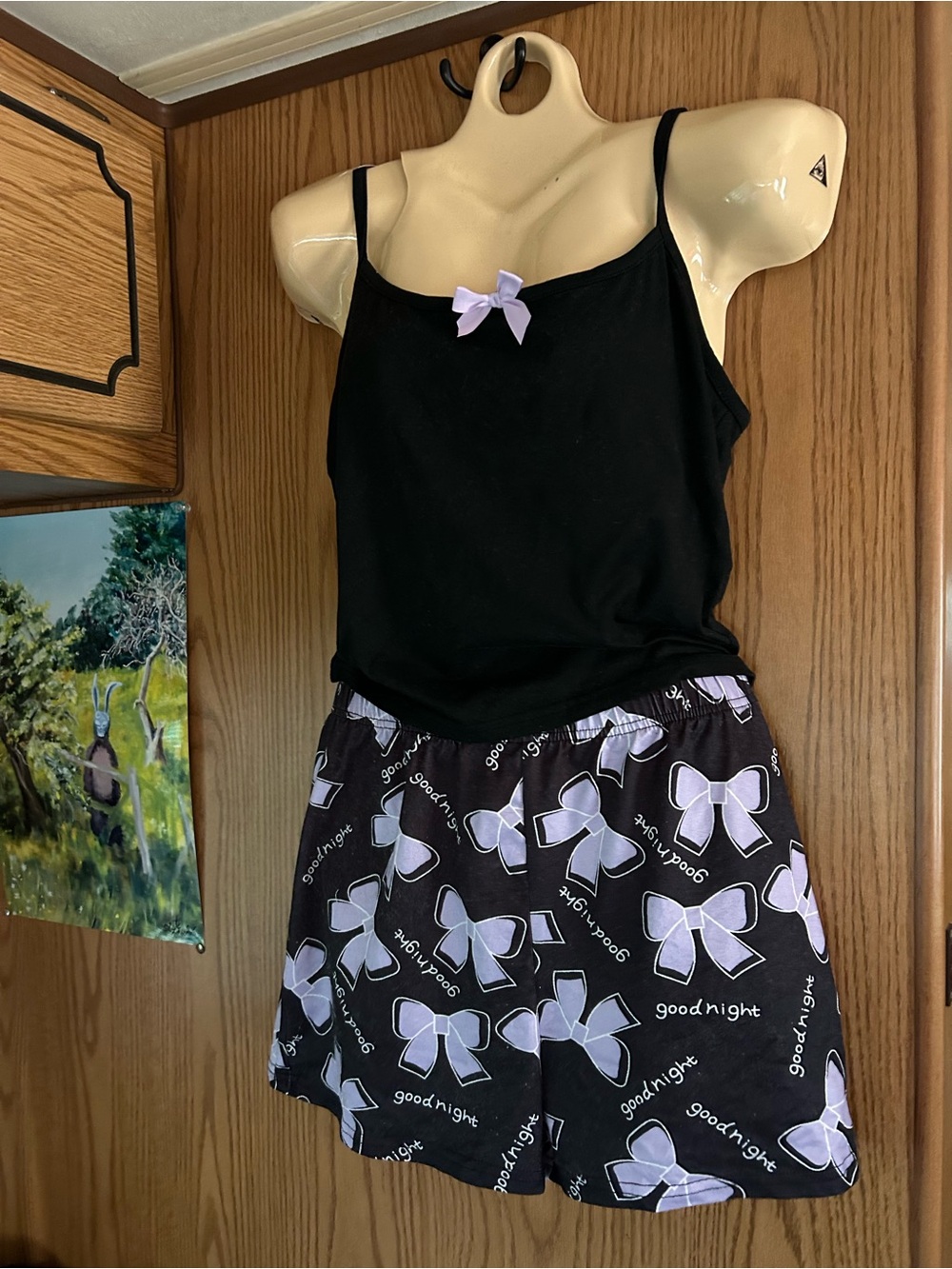 Black Tank & Bow-Print Sleep Shorts Pajama Set - Black/Lilac